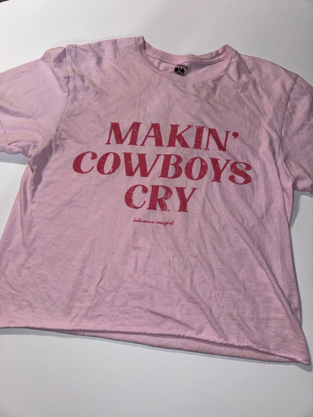 Bohemian Cowgirl Pink "Makin' Cowboys Cry" Short Sleeve‎ Cropped Tee